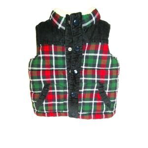 Gymboree Boy’s Vest, Green Red Plaid, Fleece Lined, Snap Closures, Size 6-12 Mos